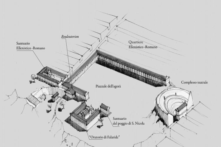 Ricostruzione del centro civico di Agrigento con il teatro (dis. A. Fino)